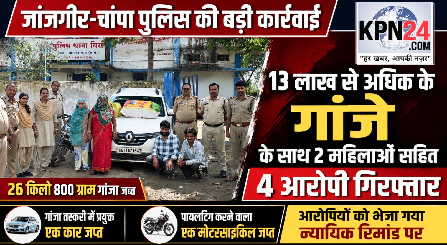 जांजगीर-चांपा पुलिस की बड़ी कार्रवाई: 26.800 किलो गांजा के साथ 4 तस्कर गिरफ्तार, 13 लाख से अधिक का माल जब्त